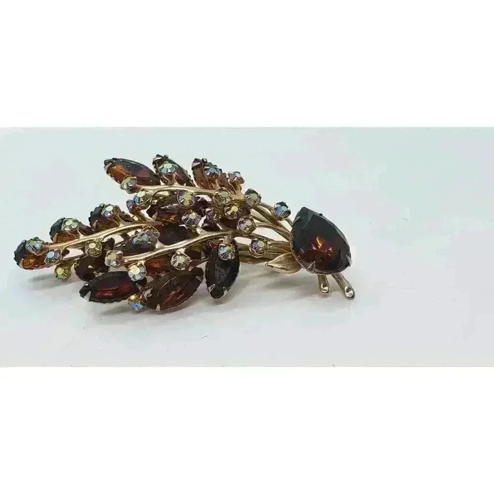 Vintage Brooch Rhinestone Leaf Spray Amber & AB Stones Estate Judy Lee